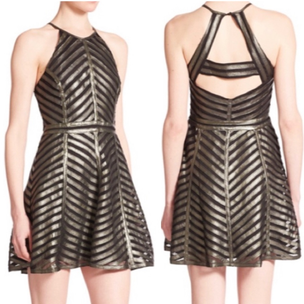 Designer Parker Metallic Black & Gold Stripped Open Back Halter Neck Short Dress